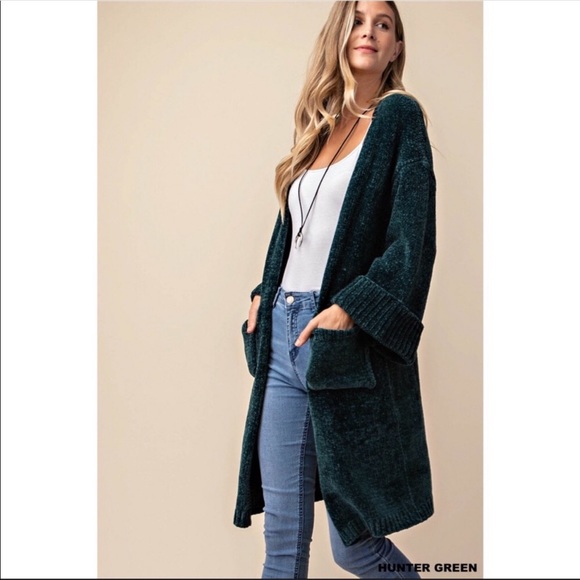ONE LEFT -Beautiful Long Hunter Green Cardigan - Picture 3 of 4